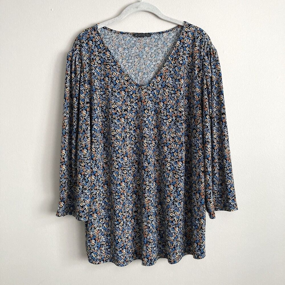 Adrianna Papell Womens Plus Blouse Orange Blue Ditsy Floral Knit Blouse Size 1X